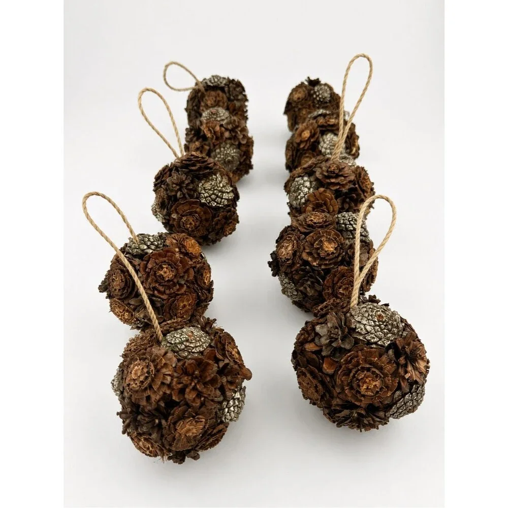 Pottery Barn Rustic Pinecone Ball Christmas Ornaments Set of 8 Woodland Holiday